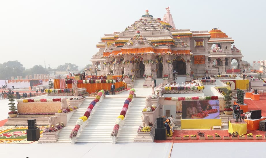 The carved stone shikharas of Ram Mandir in Ayodhya