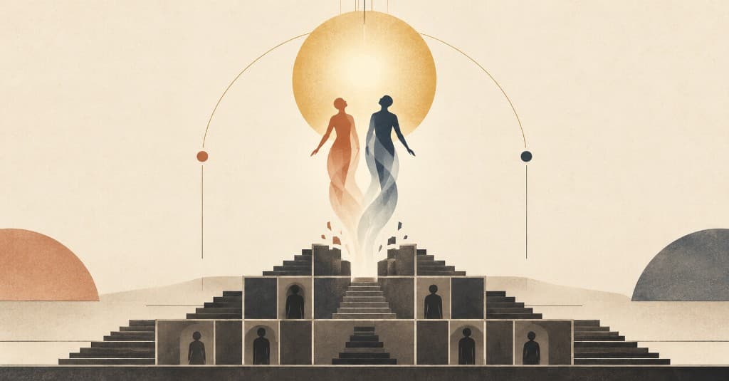 Symbolic illustration of two rising figures leaving a broken hierarchy toward a golden light